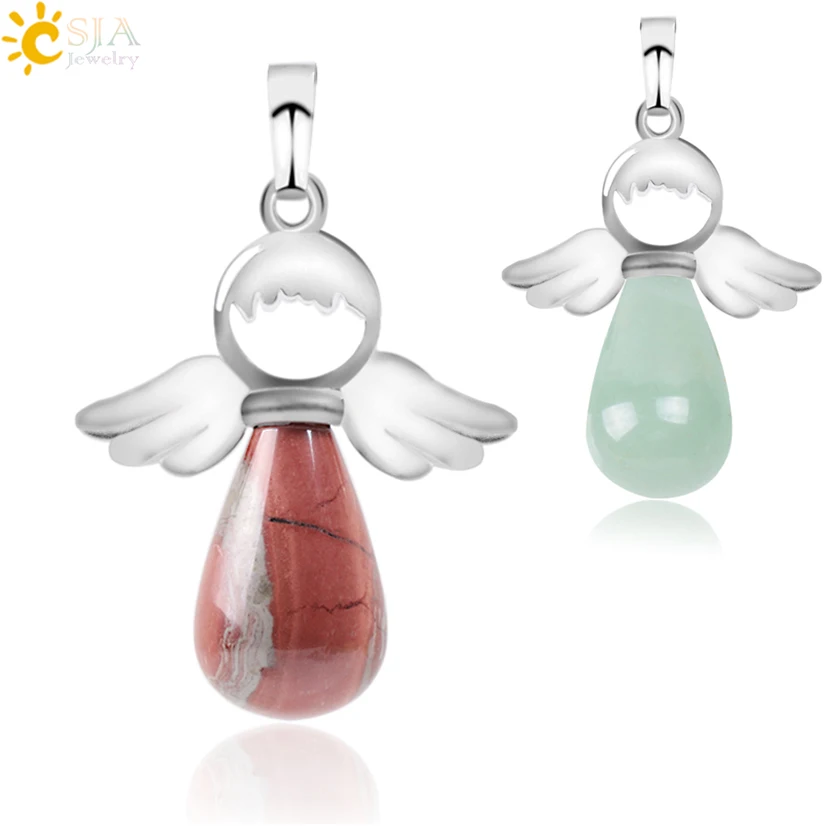 CSJA Natural Gem Stones Angels Pendant for Necklace Pink Quartz Aventurine Pendants Silver-color Water Drop Female Jewelry E949