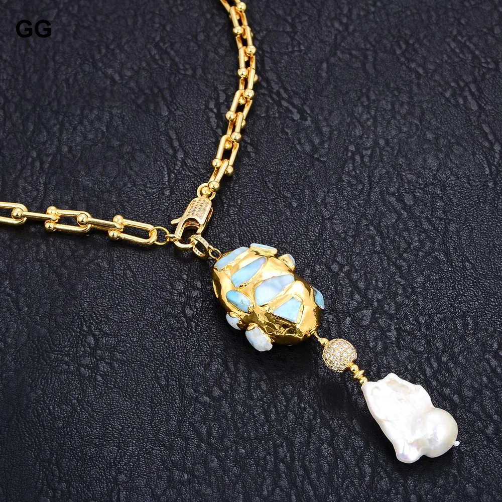 G-G Gold Color Plated Chain Statement Necklace Blue Larimar Freshwater White Keshi Pearl Pendant Necklace For Women