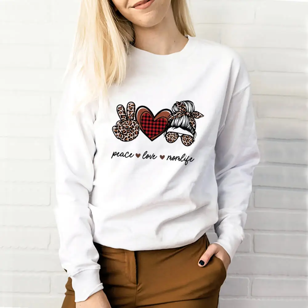 

Peace Love Momlife 100%Cotton Printed Women Sweatshirt Mom Spring Autunm Casual O-Neck Pullovers Long Sleeve Top Gift for Mom