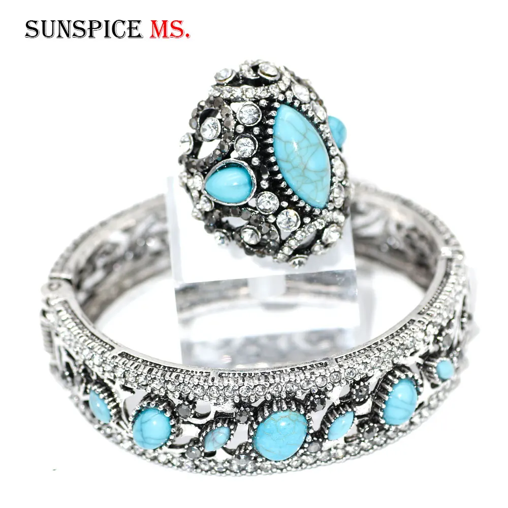 SUNSPICEMS Old Silver Color Turkish Women Bangle Ring Set Natural Stone Vintage Indian Jewelry Ethnic Wedding Cuff Bracelet Ring