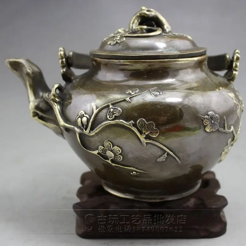 

Antique Collection Wholesale Bronze Crafts Brass Distressed Ornaments Carving Big Plum Blossom Bronze Pot Teapot Living Room Dec