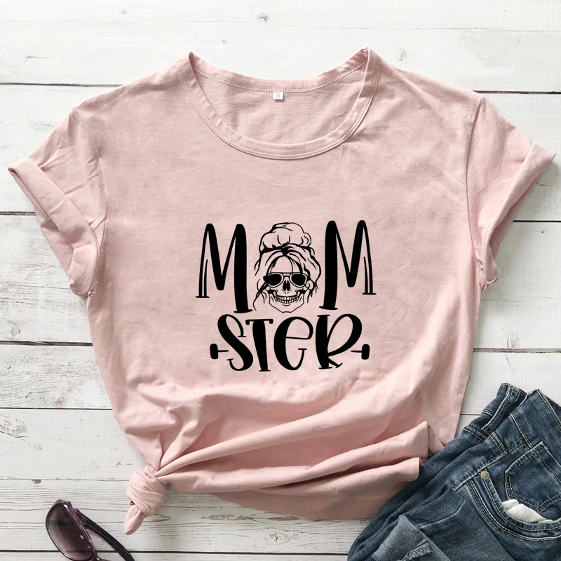 Momster Skull T-shirt Funny Messy Bun Mom Life Tshirt Camiseta Trendy Women Graphic Halloween Party Top Tee Shirt