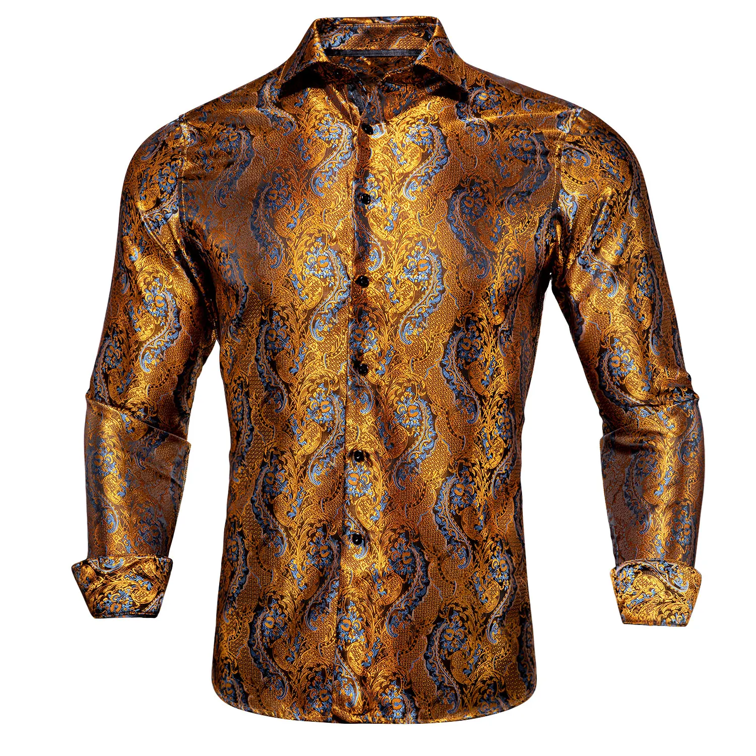 Hi-Tie 100% Silk Luxury Black Gold Embroidery Paisley Dress Shirt Men Long Sleeve Men\'s Casual Button-Down Shirts Outwear Gift