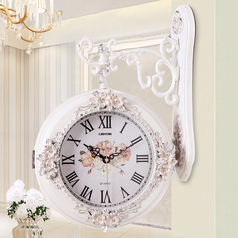 

TUDA Entrance Home Double-sided Rotating White Mute Flower Wall clock Living room Bedroom Golden Large Decorative Clock