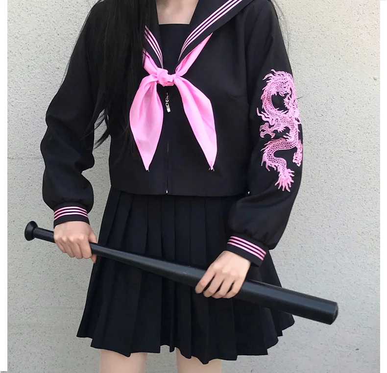 Zilver Roze Geborduurde Draak Orthodoxe College Japanse Student Schooluniform Jk Uniform Pak Slechte Meisje Cosplay Matrozenpakje