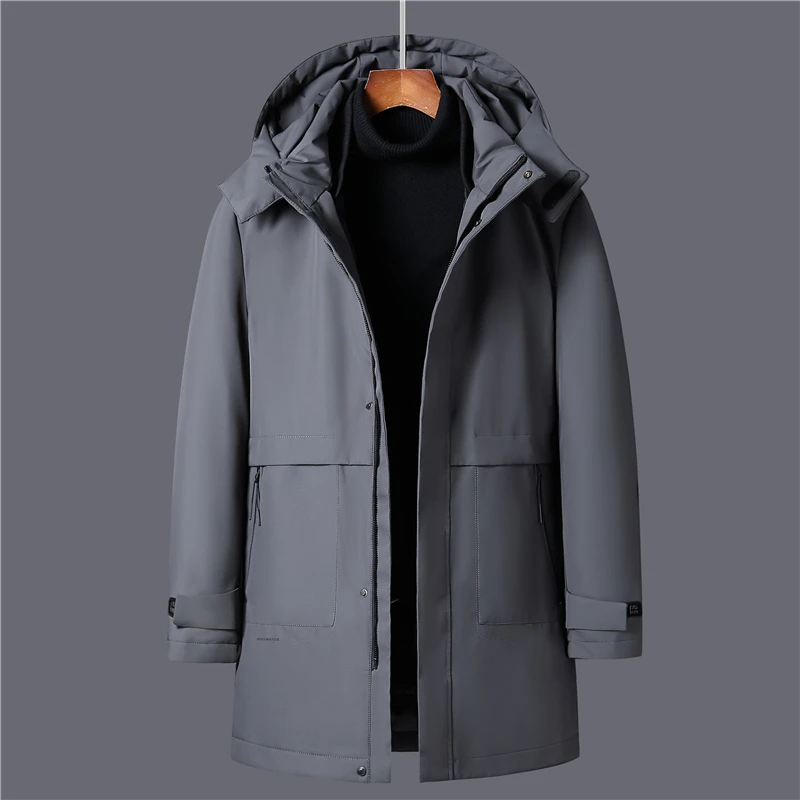 30 graus celsius chique inverno para baixo jaquetas homens grosso quente pato branco para baixo casaco masculino forro destacável longo parkas