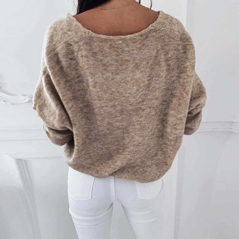 Women Elegant V Neck Knitted Pullover Vintage Long Sleeve Loose Knitted Sweater Casual Solid Wild Jumpers 2020 Knitting Tops