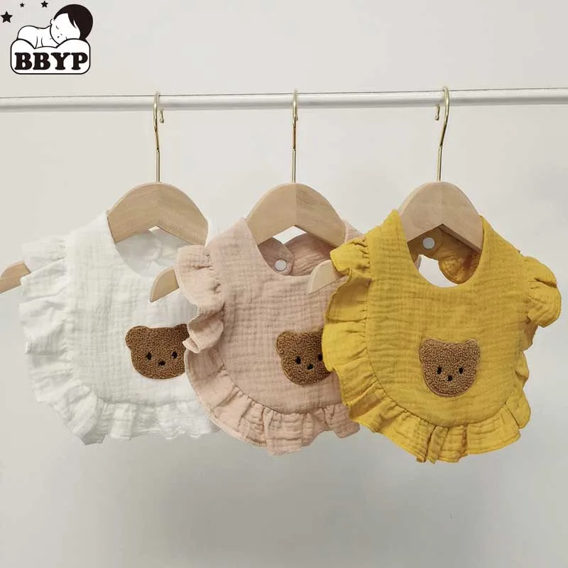 

Baby Bibs Cotton Linen Baby Feeding Apron Ruffles Cute Baby Bibs Cartoon Bear Feeding Scarf Bib Collar Bib Burp Cloths