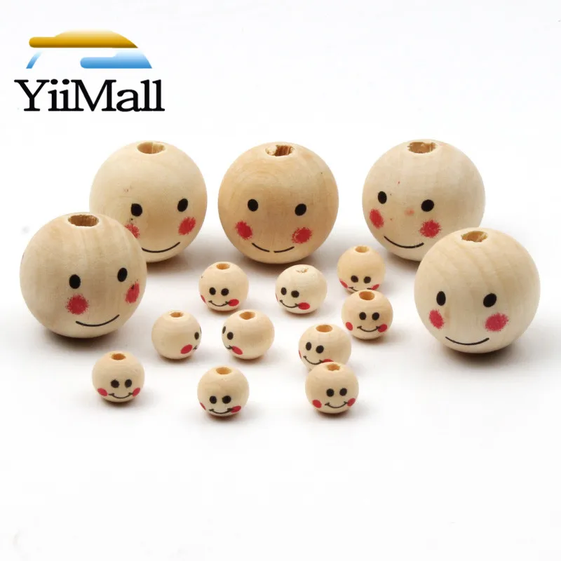 5-20pcs Natural Wooden Round Beads 12/20/25mm Smile Loose Balls Spacer Beads For Jewelry Making Bracelet DIY Necklace Accessorie