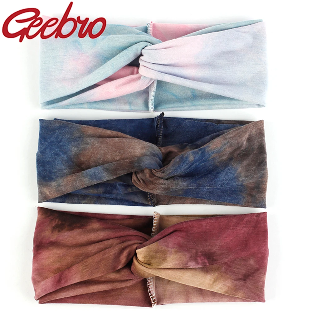 Geebro Women Tie-dye cotton Headbands Twist Elastic Hairbands Sport Headband Yoga Turban Headwrap Girls Hair Accessories