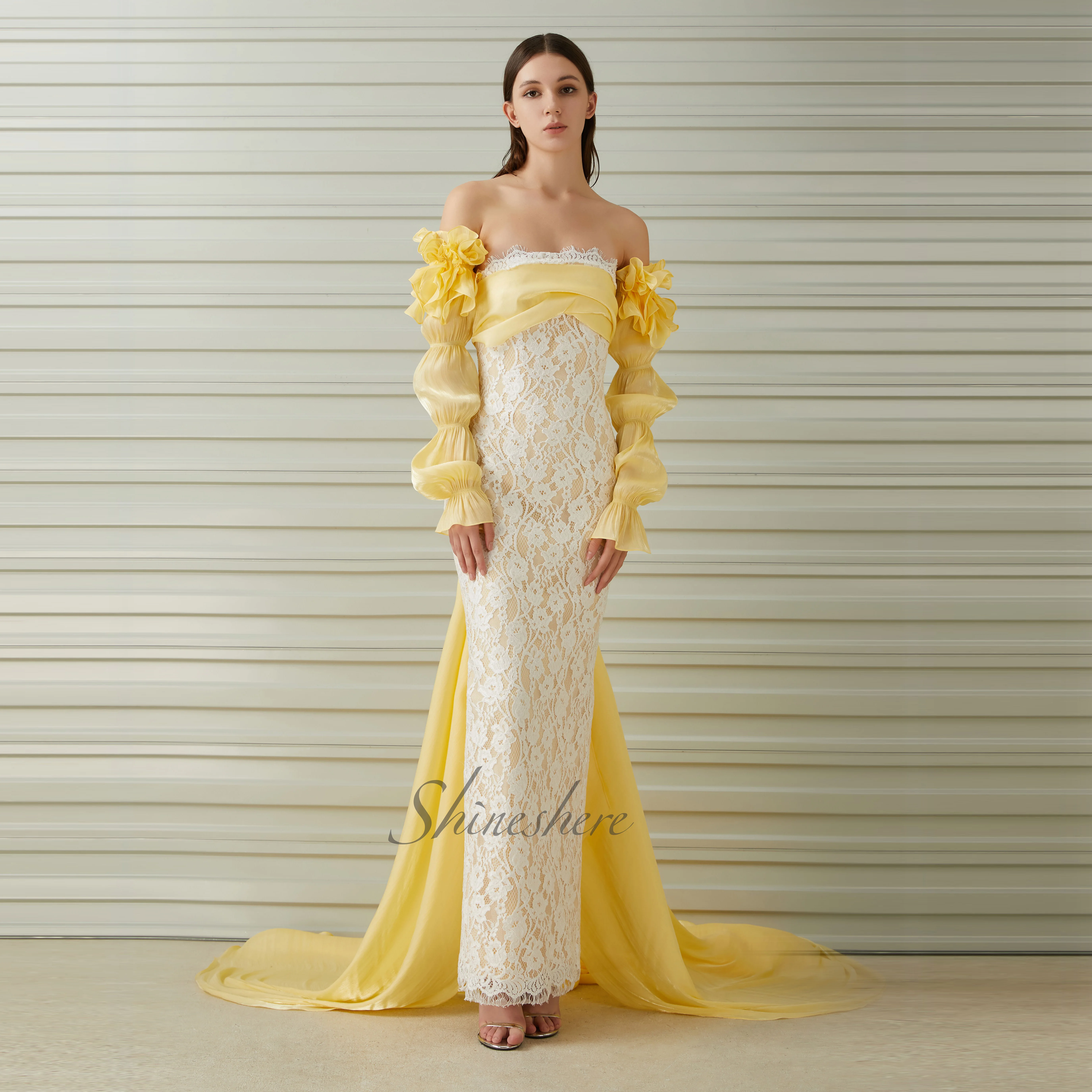 Jusere evening dress elegant party dress with long sleeves off the shoulder evening gown with sweep train