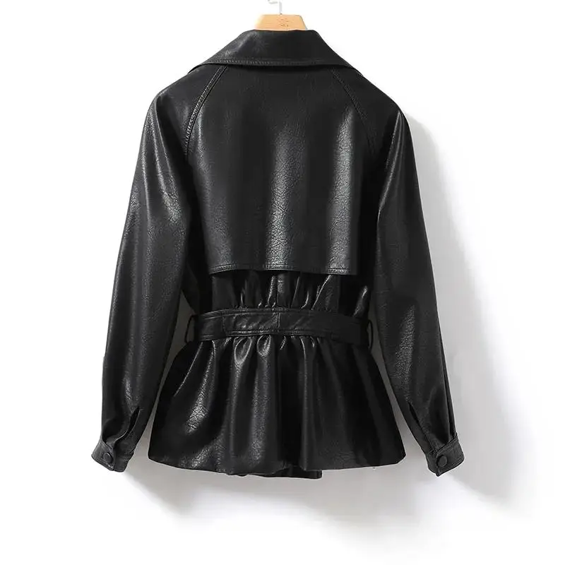 Black Leather Jacket Women 2022 Spring Autumn New PU Ladies Leather Windbreaker Fashion Belt Jackets Outerwear Short Coat Female