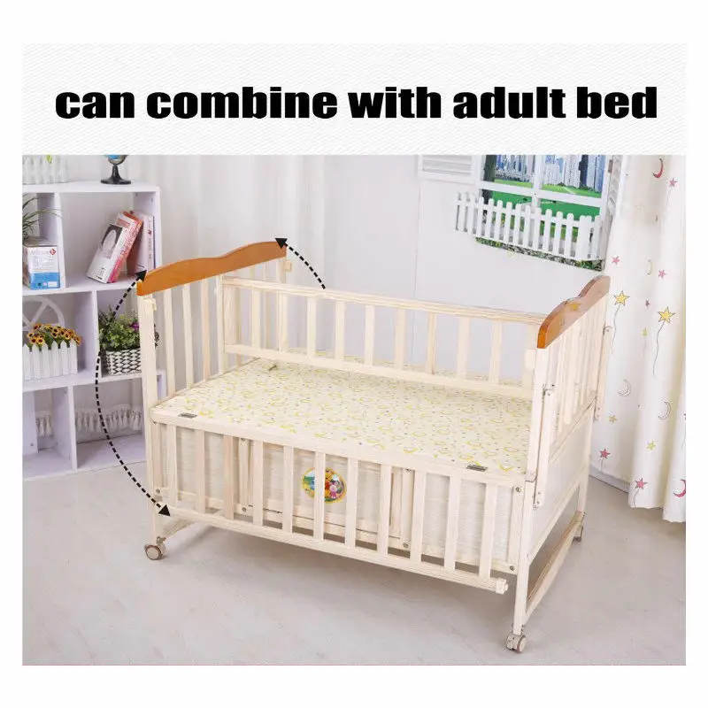 Wooden Twins Crib Can Combine with Adult Bed, All-In-One Cot for 2 Kids, Square Mosquito Net Inlcuded