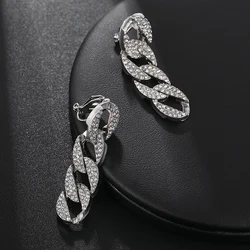 Luxury Shiny AAAA Rhinestone Cable Chain Tassel Dangle Clip on Earrings No Pierced for Women Wedding Party Elegant Jewelry Gift