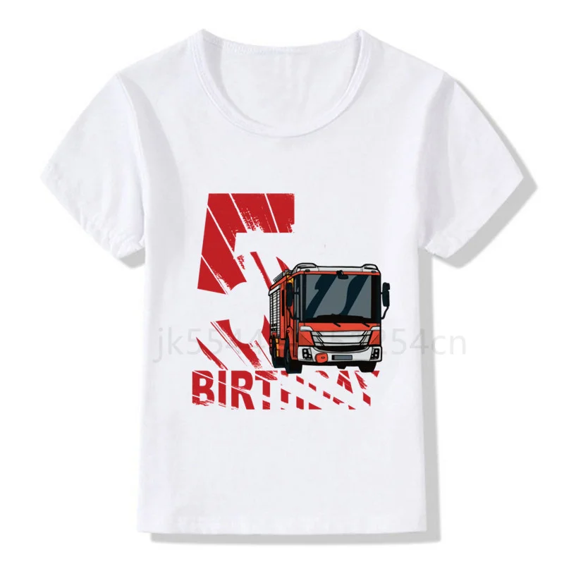 Kids Fireman Birthday Number 2-8 T-shirt Boys Fire Truck Shirt Boy Train Tees Toddler Boy Construction Truck Shirts