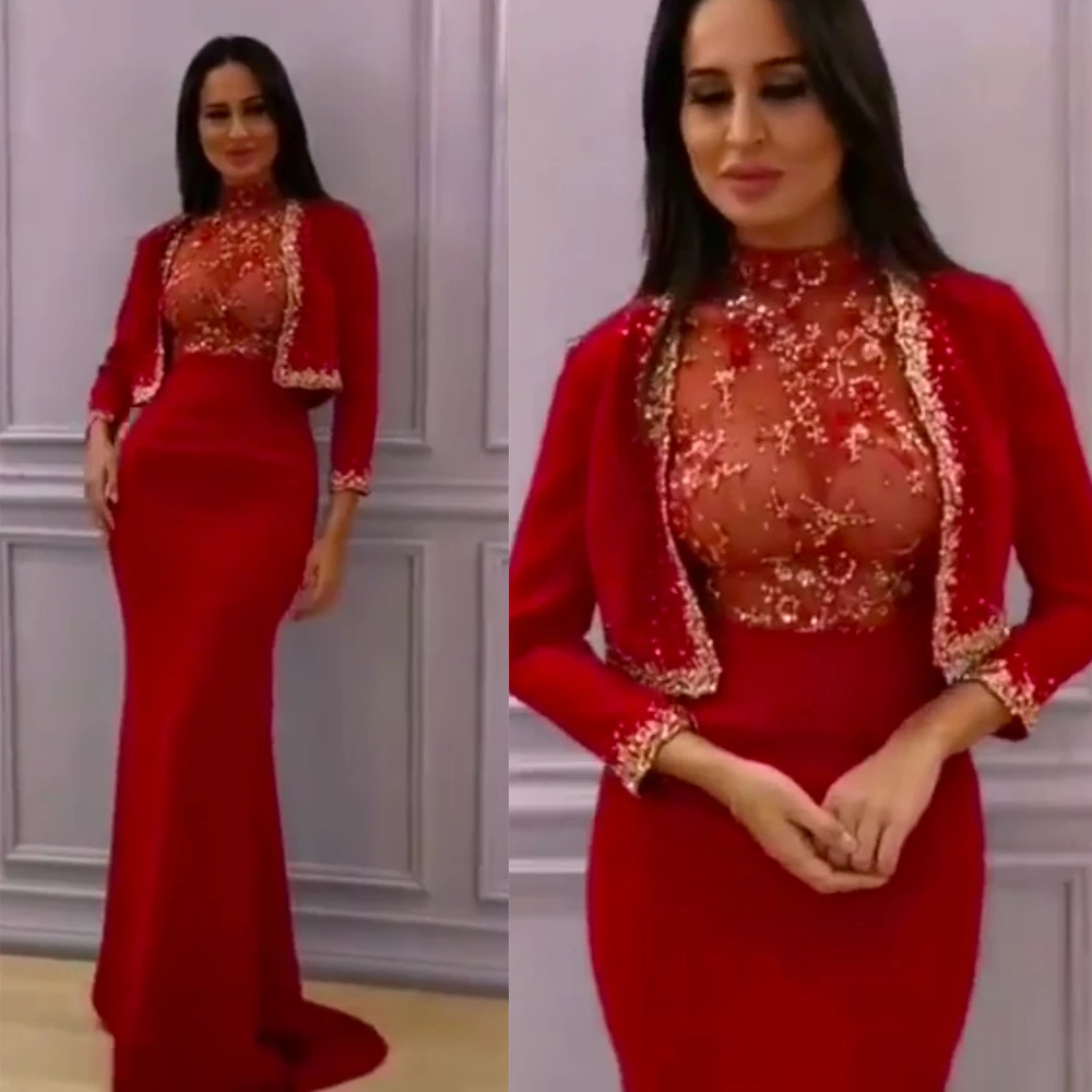 Vestidos de encaje para baile de graduación, rojo, manga larga con chaqueta, sirena, satén, de noche, 2020