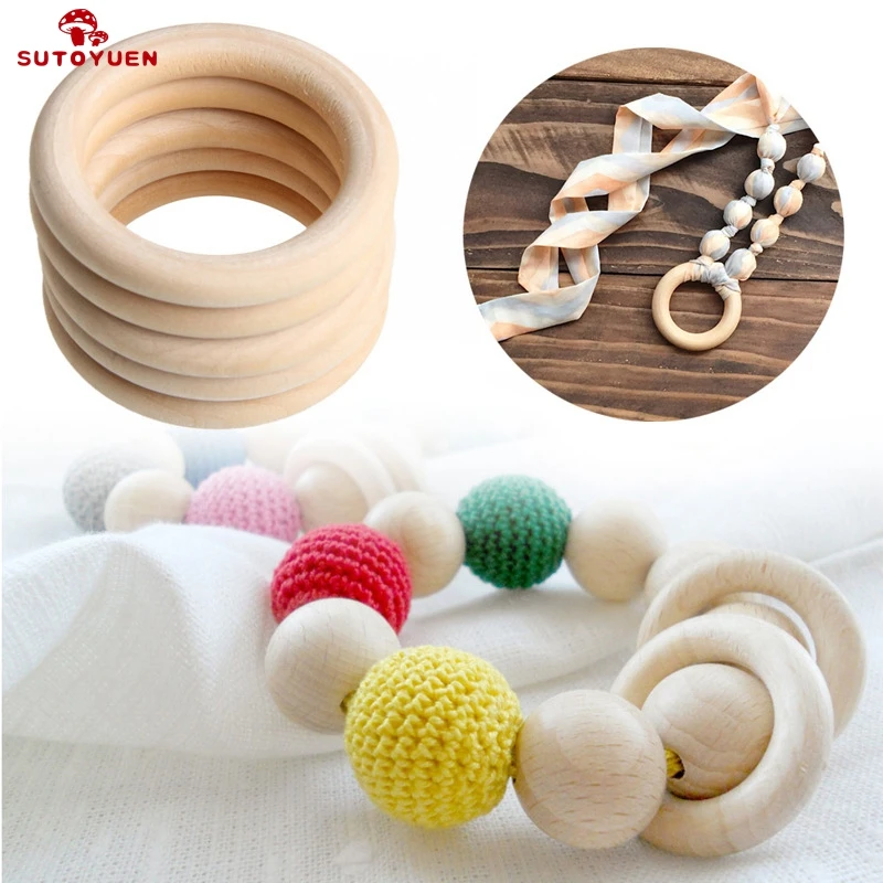 Sutoyuen 50pcs Natural Wood Teething Beads Wooden Ring for Teethers DIY Wooden Jewelry Making Crafts 40/50/55 / 70mm