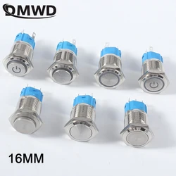 16mm przełącznik wciskany zatrzask chwilowy Metal Power Press przycisk LED wodoodporny 5v 12V 220V dzwonek silnik samochodowy