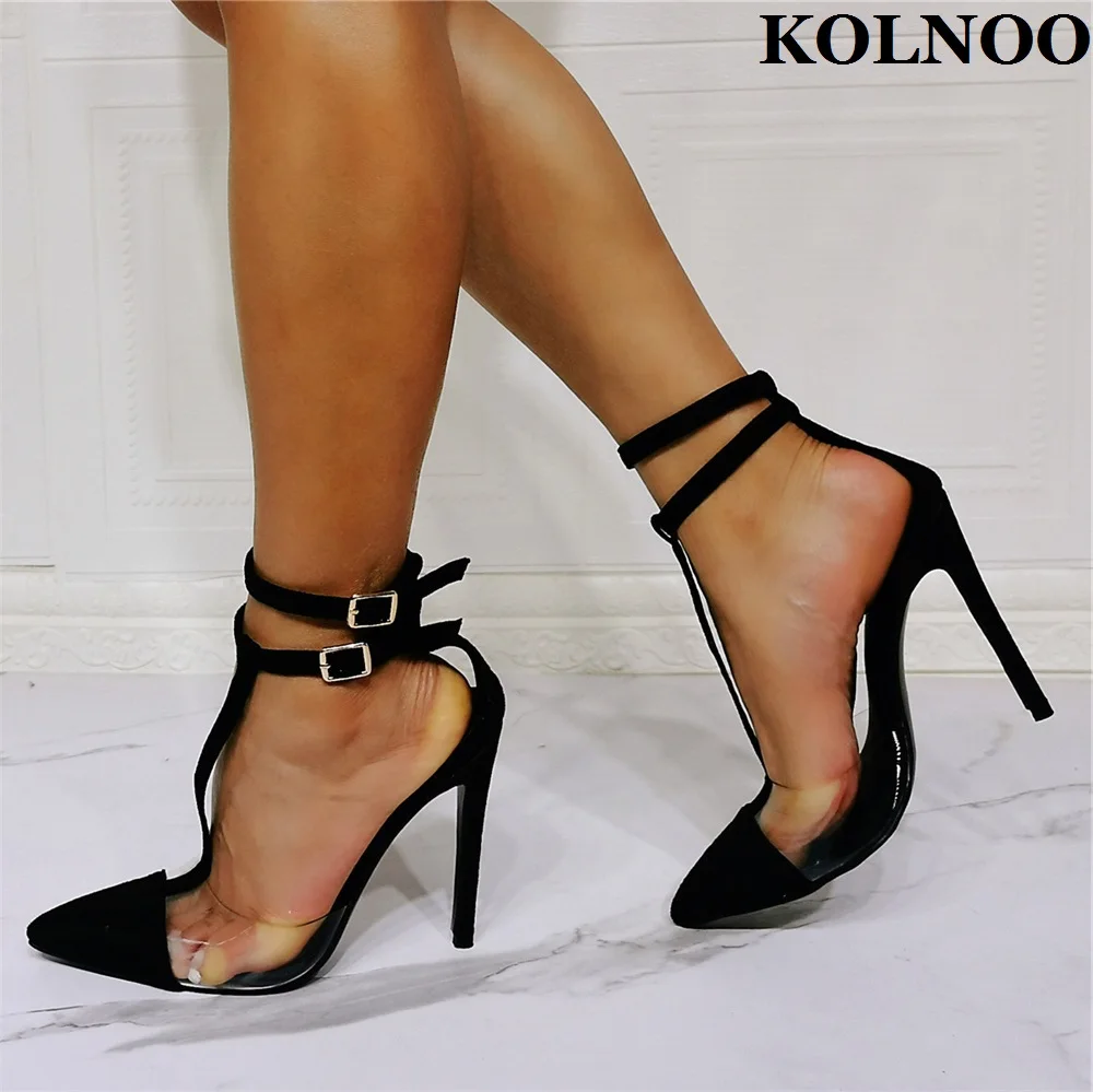 Kolnoo Handmade Womens Stiletto Heels Pumps T Ankle Strap PVC Patchwork Party Prom Dress Shoes Evening Daily Wear Fashion Shoes