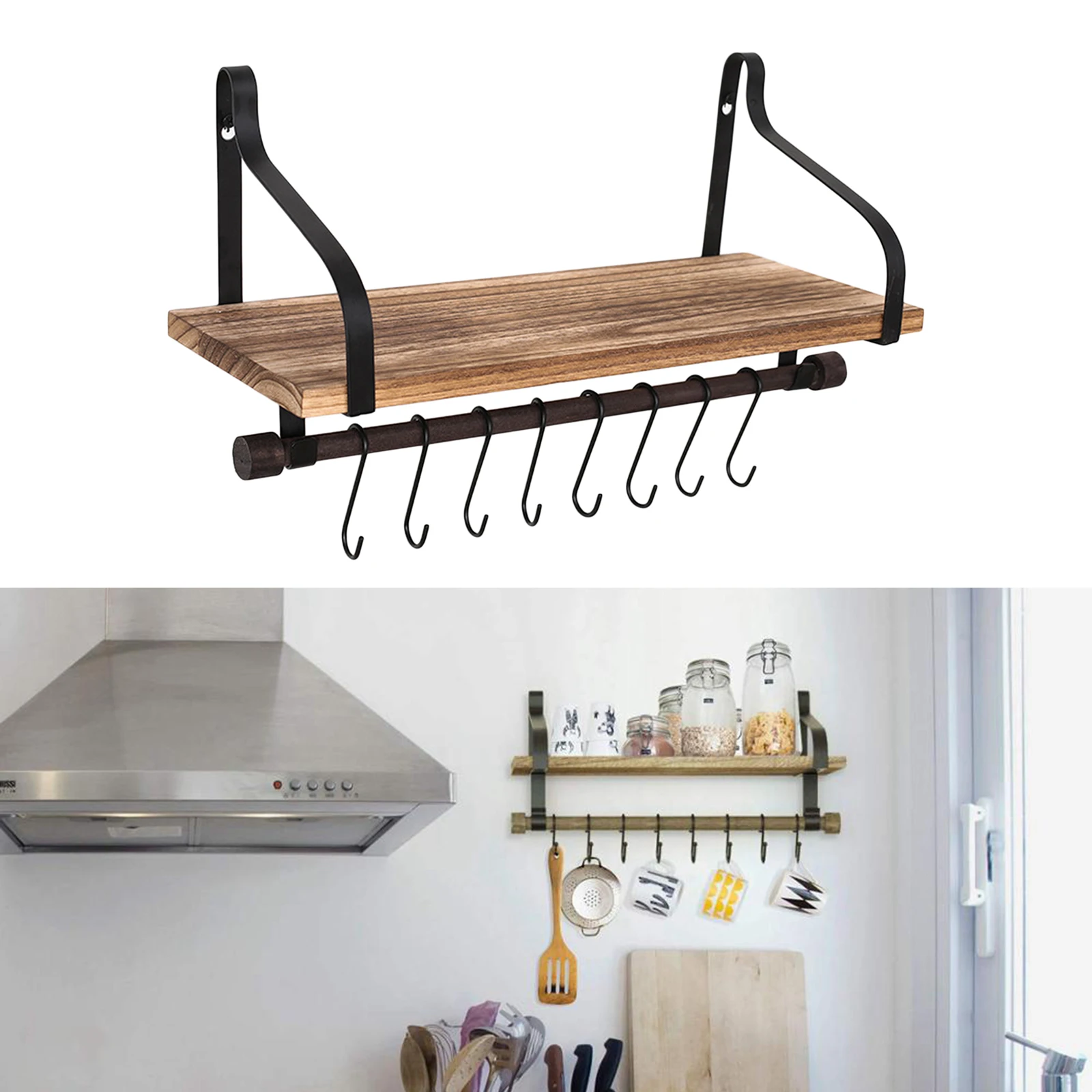 Estantes de madera flotantes de pared rústica para cocina, soporte organizador, soporte colgante, estante de pared, colgador, estante de almacenamiento de cocina