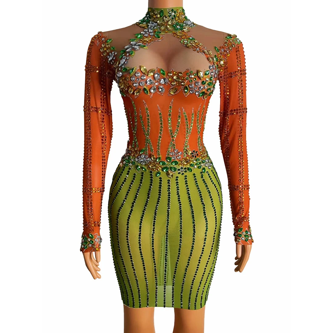 

Orange Green Crystal Transparent Short Dresses for Women Dancer Prom Show Costume Evening Birthday Celebrate Mesh Dress