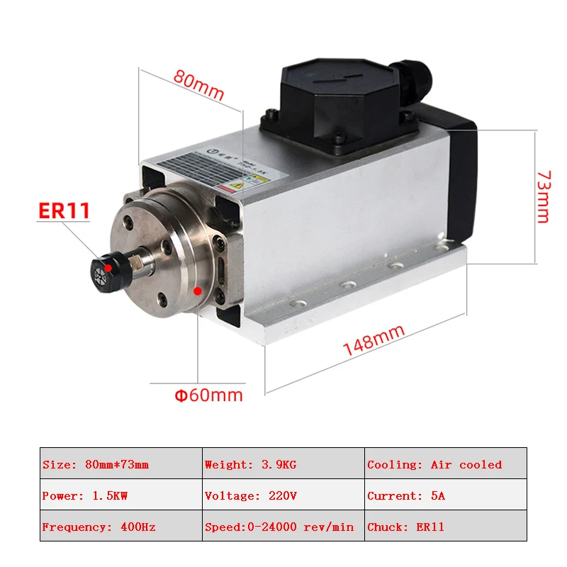 CNC Square Spindle 1.5KW ER11 2.2KW ER20 Spindle Motor 1500W 2200W Air Cooled Motor 24000RPM CNC Spindle Motor Machine Tool 220V