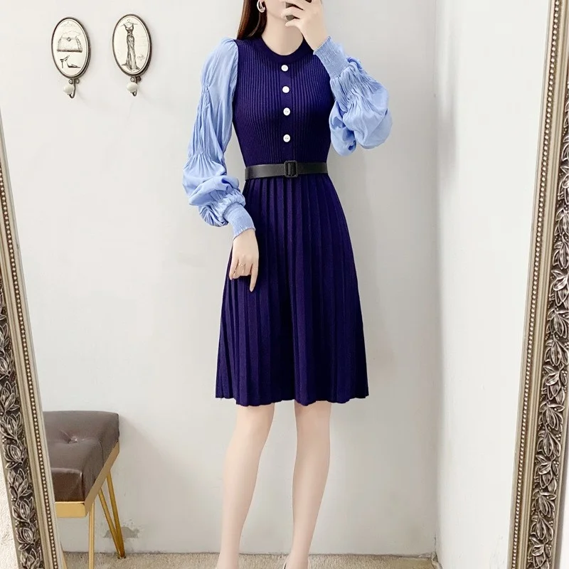 Fashion Spring Lantern Sleeve Pleated Dress Splice O Neck Knitting A Line Dresses Vintage Slim Fit Office Ladies Elegant Dress