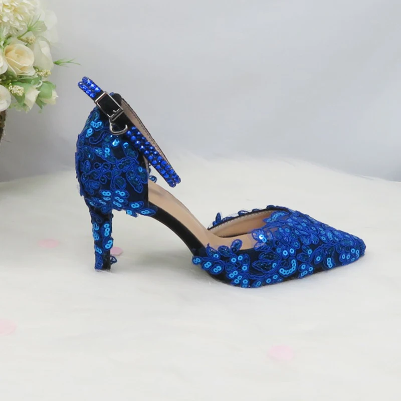 BaoYaFang Blue Lace flower wedding shoes women Bridal High heels Platform shoes woman party dress shoes super big size 45