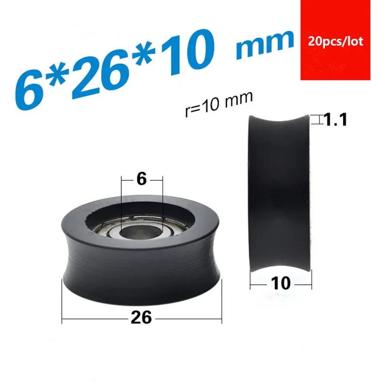 

20pcs U groove Plastic coated bearing 626ZZ 6x26x10 mm 0626UU door window wardrobe guide roller wheel nylon pulley POM r=10mm