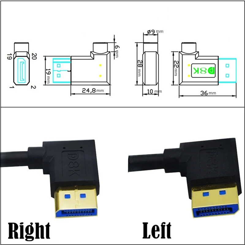 0.5m 1m 90°Angled Left Right Displayport 1.4 Cable 8K@60HZ DP Ultra HD Video Adapters for TVs, LCD Monitors, and Projectors