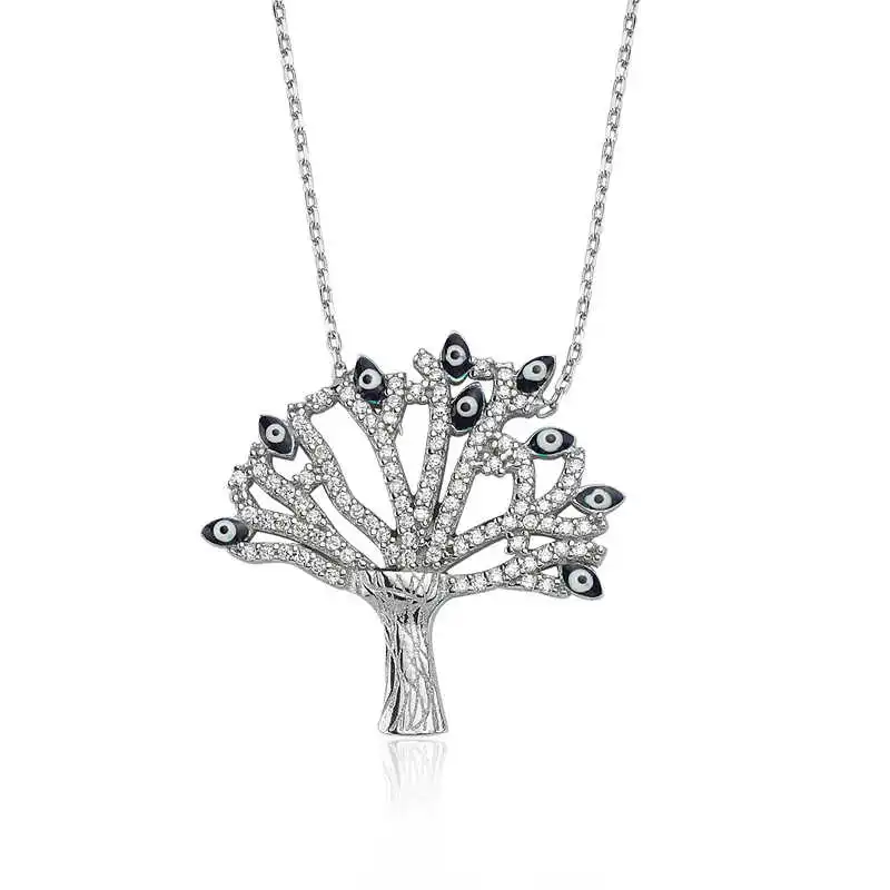 Silver Wish Tree Women 'S Necklace Zircon Stone  925 Sterling Women Fine Jewelry Wedding Party Birthday Gift - Box - Jeweled - Pendant - Chain Choker - Female - Ladies - Fashion