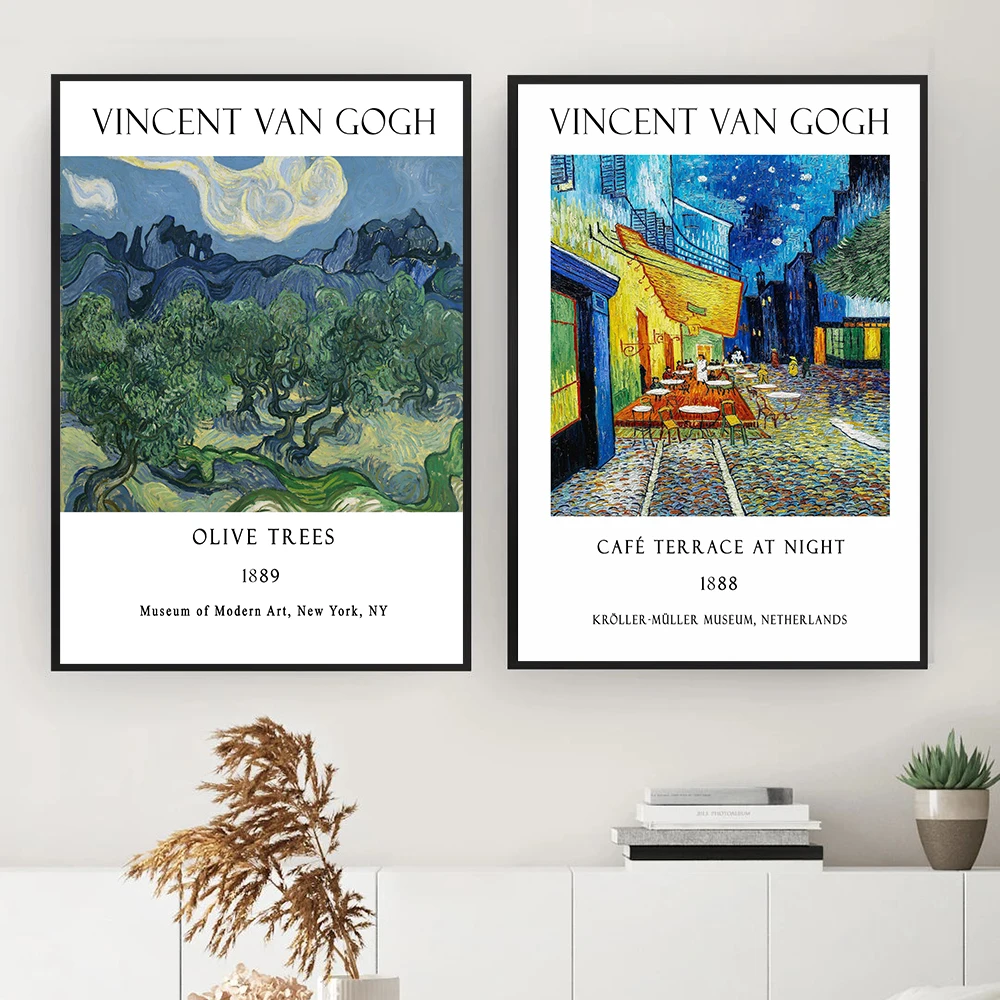 Van Gogh Olive Trees Canvas Painting Cafe Terrace At Night French Exhibition Posters Gallery Wall Art Pictures Prints Home Decor