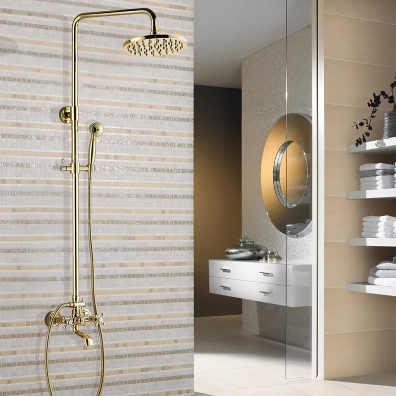 Gold Color Brass Wall Mounted Bathroom 8 Inch Round Rainfall Shower Faucet Set Bath Tub Mixer Tap Hand Shower mgf342