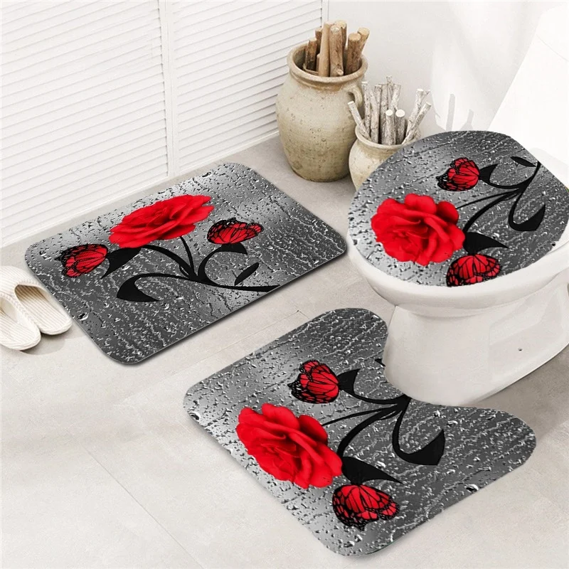 Juego de alfombrillas antideslizantes para baño, juego de cortina de ducha resistente al agua, alfombra de Pedestal, tapa de inodoro, alfombras, rosa y mariposa roja