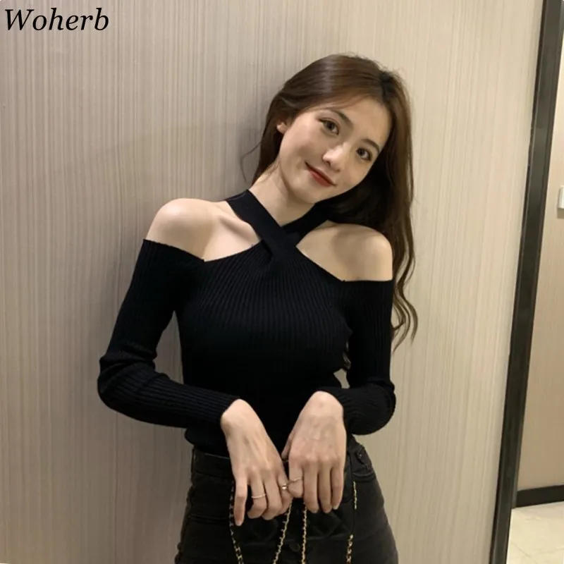 Woherb Y2K 2024 Spring Autumn Sexy Hollow Off-Shoulder Knitted Tops Solid Ladies Korean Clothes Sweater Pullovers Jumper