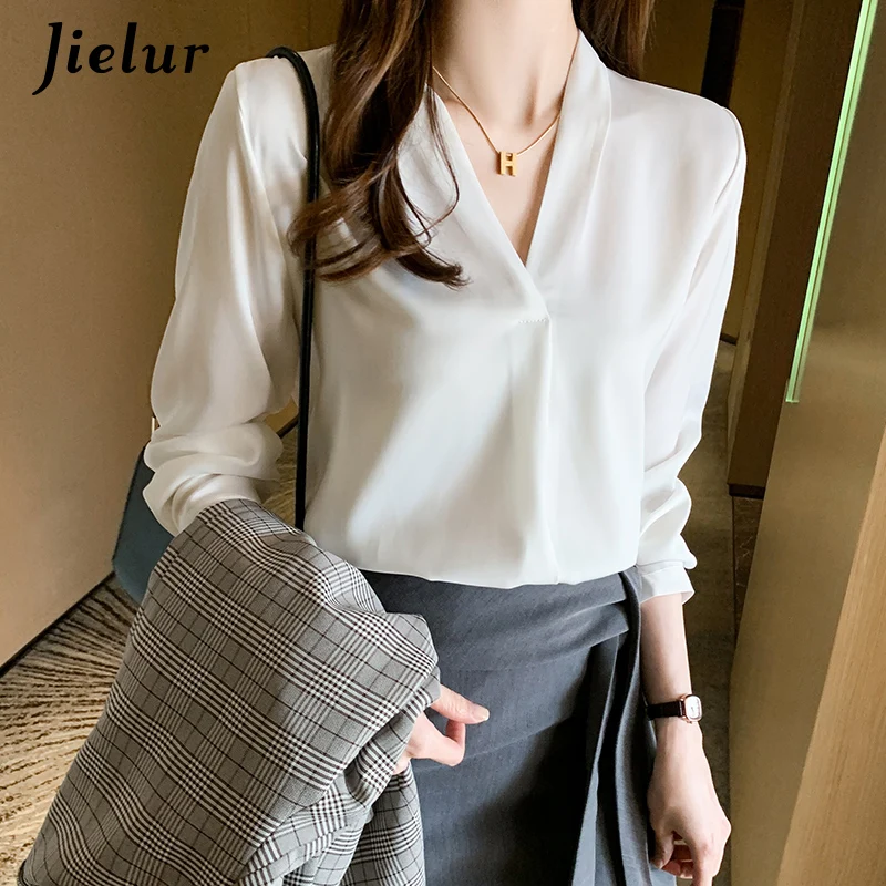 Jielur Solid Color White Shirts Women Office Lady White V-neck Skinny Long-sleeved Tops Autumn Khaki Loose Blouses Female S-XXL