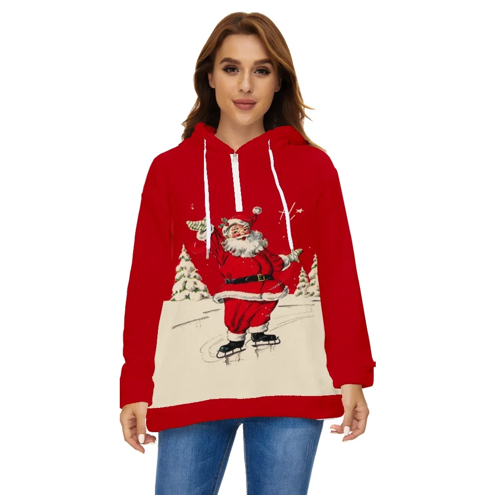 

Winter Plush Half-zip Hooded Women's Sweatshirt Santa Claus Print Fleece Hoody Christmas Hooded Sweat Oversize Femme Coat 6XL