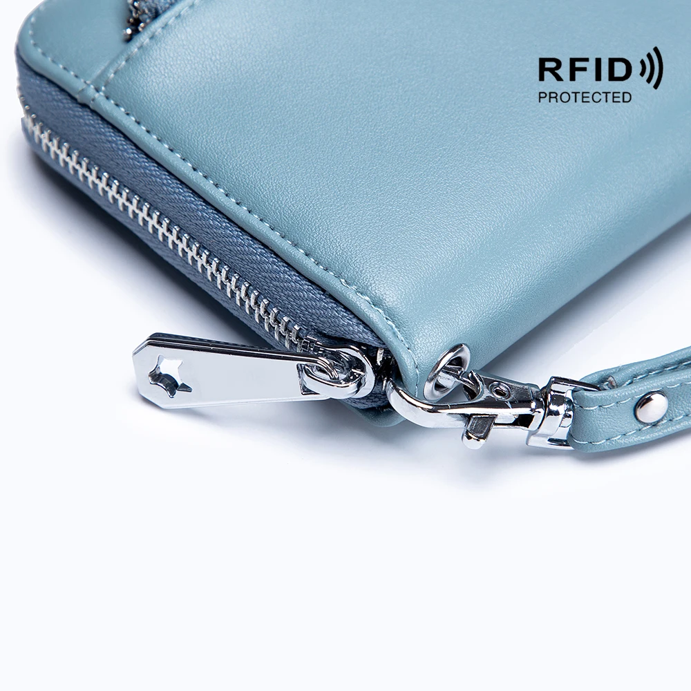 Genuine Leather Wallet RFID Blocking Unisex Business Clutch Wallet Large Capacity Organizer Purse Phone Passport Pouch Wrist Bag