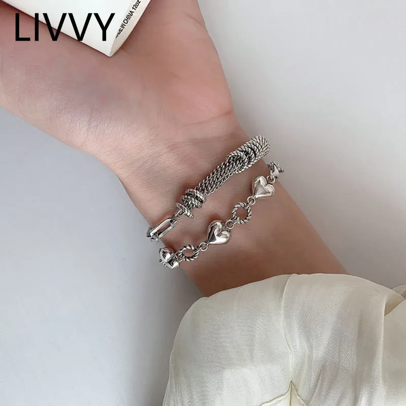 LIVVY Thai Silver Color Love Heart Circle Hollow Stitching Bracelet For Women New Fashion Vintage Punk Party Jewelry Gifts