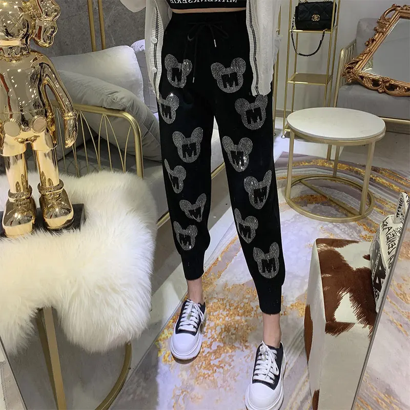 Autumn Printing Pants Heavy Work Hot Drilling High Waist Casual Pants Women Loose Pant Elastic Waist Black Trousers Women