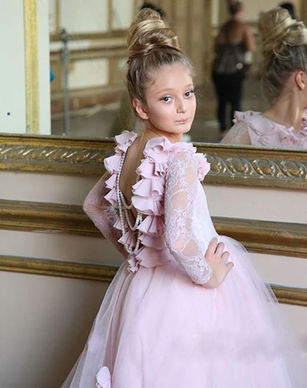 Pageant Kids Gown Pink Long Sleeve Backless Lace Flower Girl Dresses For Wedding Girl's Floor Length Child Party Birthday Dress