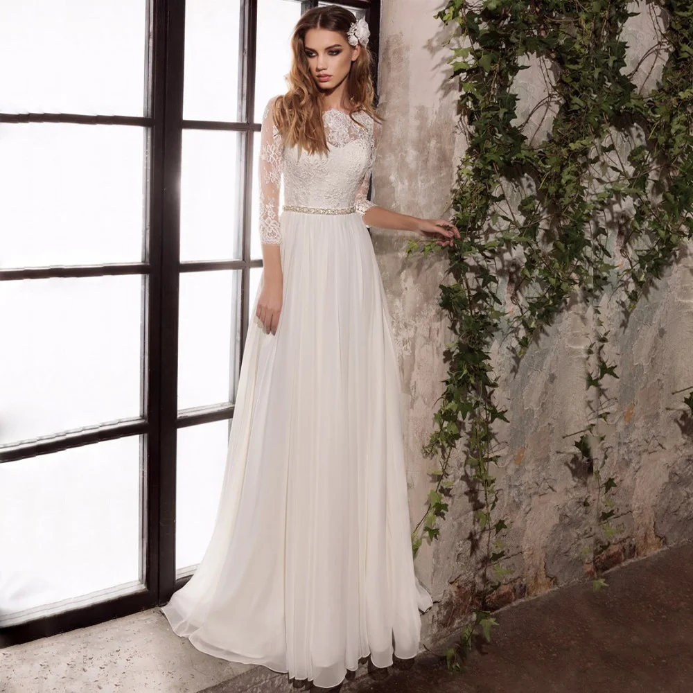 Wedding Dresses Customized Three Quarter Sleeves Top Lace Chiffon Bride Gowns with Beading Sashes Bridal Vestido De Noiva