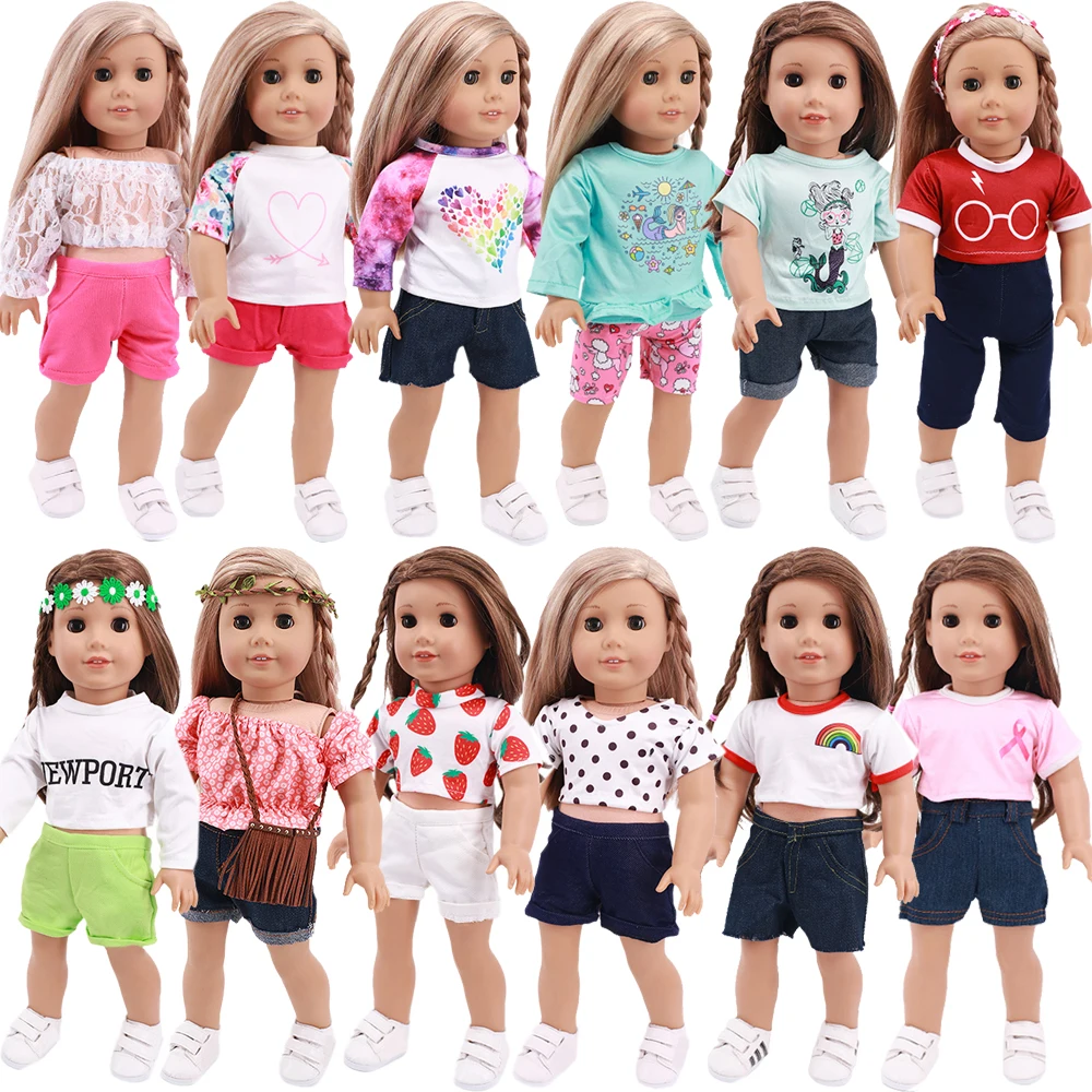 

Strawberry T-Shirt +Denim Shorts Fit For 18Inch American Doll 43Cm Reborn Baby,Bourne Fashion Doll Clothes,Children's Day Gift