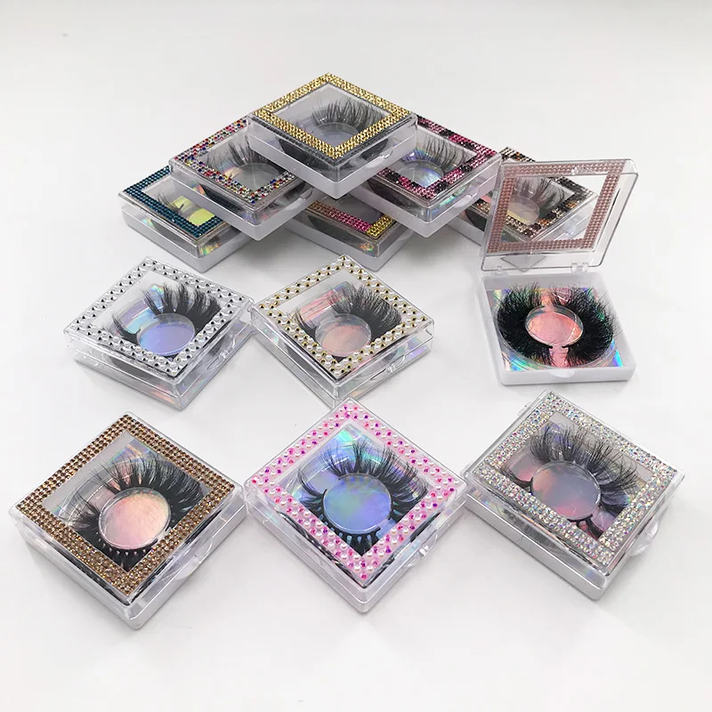 

Custom Eyelash Packaging Box Glitter Pearl Rhinestone Square Lash Boxes 25mm Mink False Eyelashes