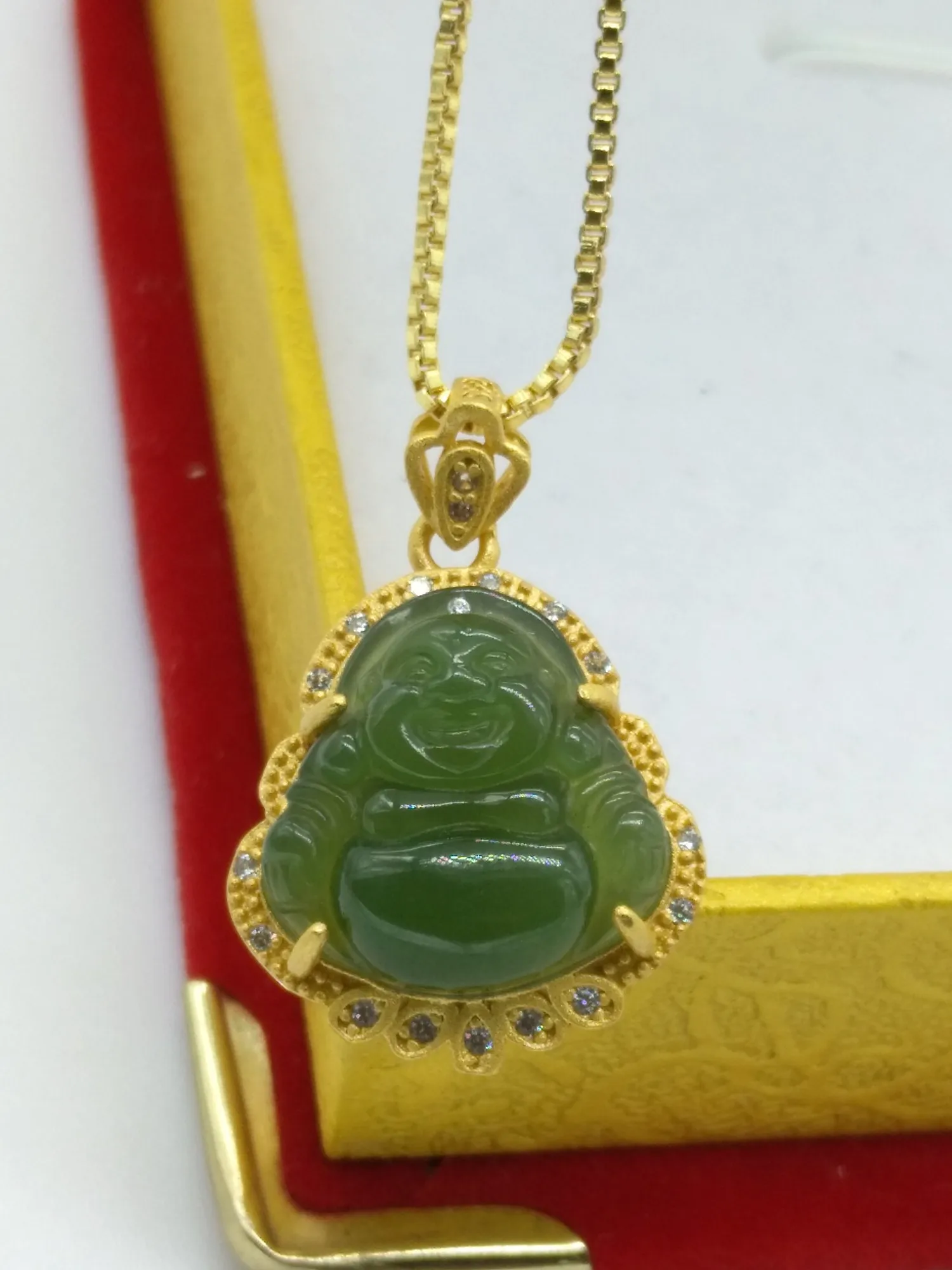 3D Yellow Gold Pure Gold Inlaid Natural Hetian Jade Laughing Buddha Pendant Necklace for Woman Chains Jewerly