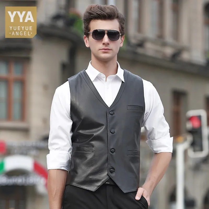 Business Casual Genuine Leather Vest Mens Slim Fit Office Sleeveless Single Breasted Suit Coat Classic Men Soft Sheepskin Vests