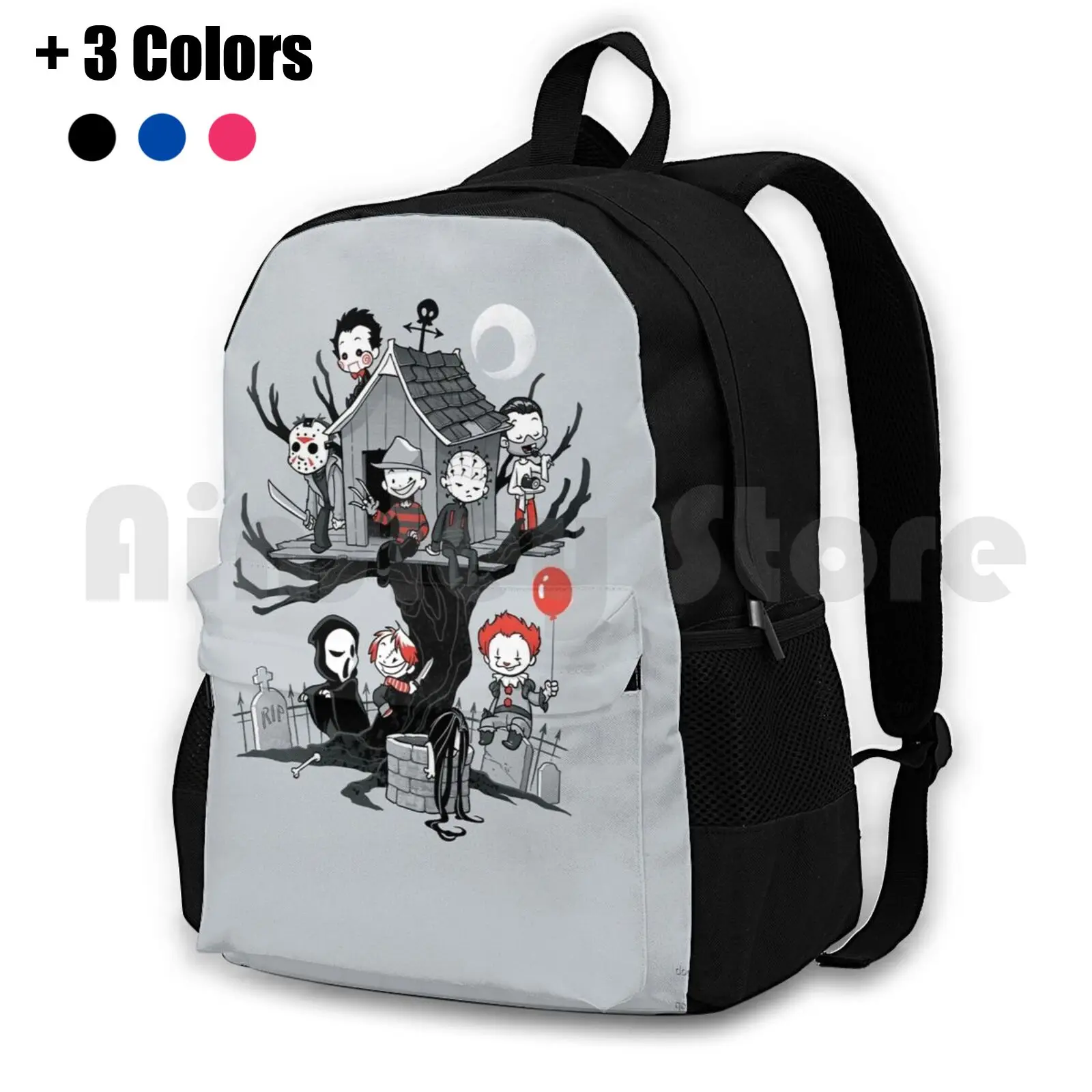 Horror House Outdoor Hiking Backpack Waterproof Camping Travel Horror Pinhead Red Balloon Scary Clown Cute Tree Dark Humour