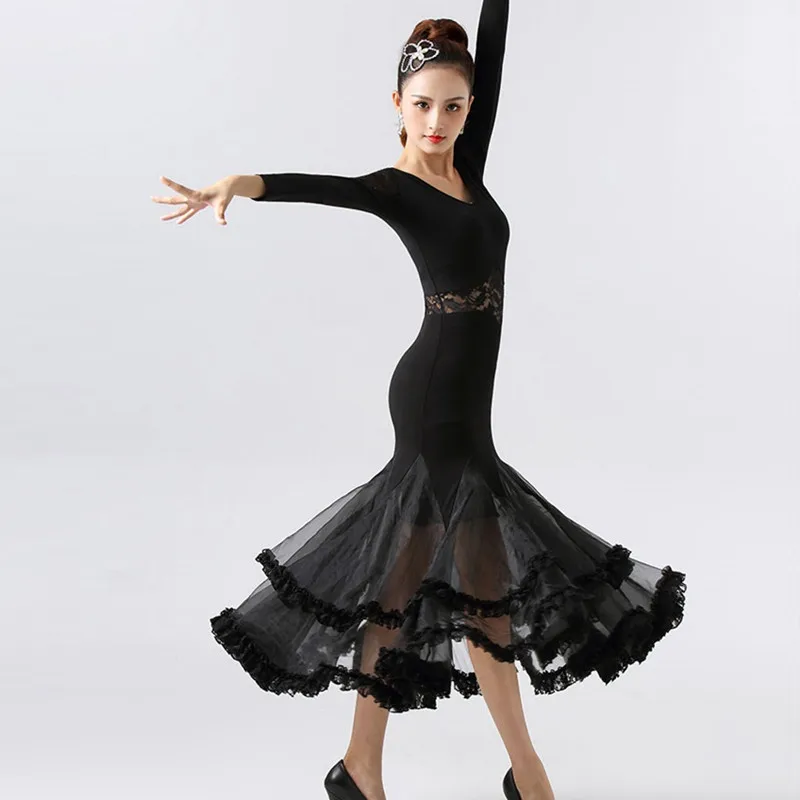 Laço preto padrão vestido de dança de salão valsa trajes de dança flamenco espanhol vestido de dança tango vestido de dança prática de roupas