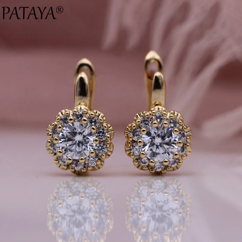 PATAYA New White Natural Zircon Dangle Earrings 585 Rose Gold Color Petal Cute Earrings Micro-wax Inlay Women Fashion Jewelry