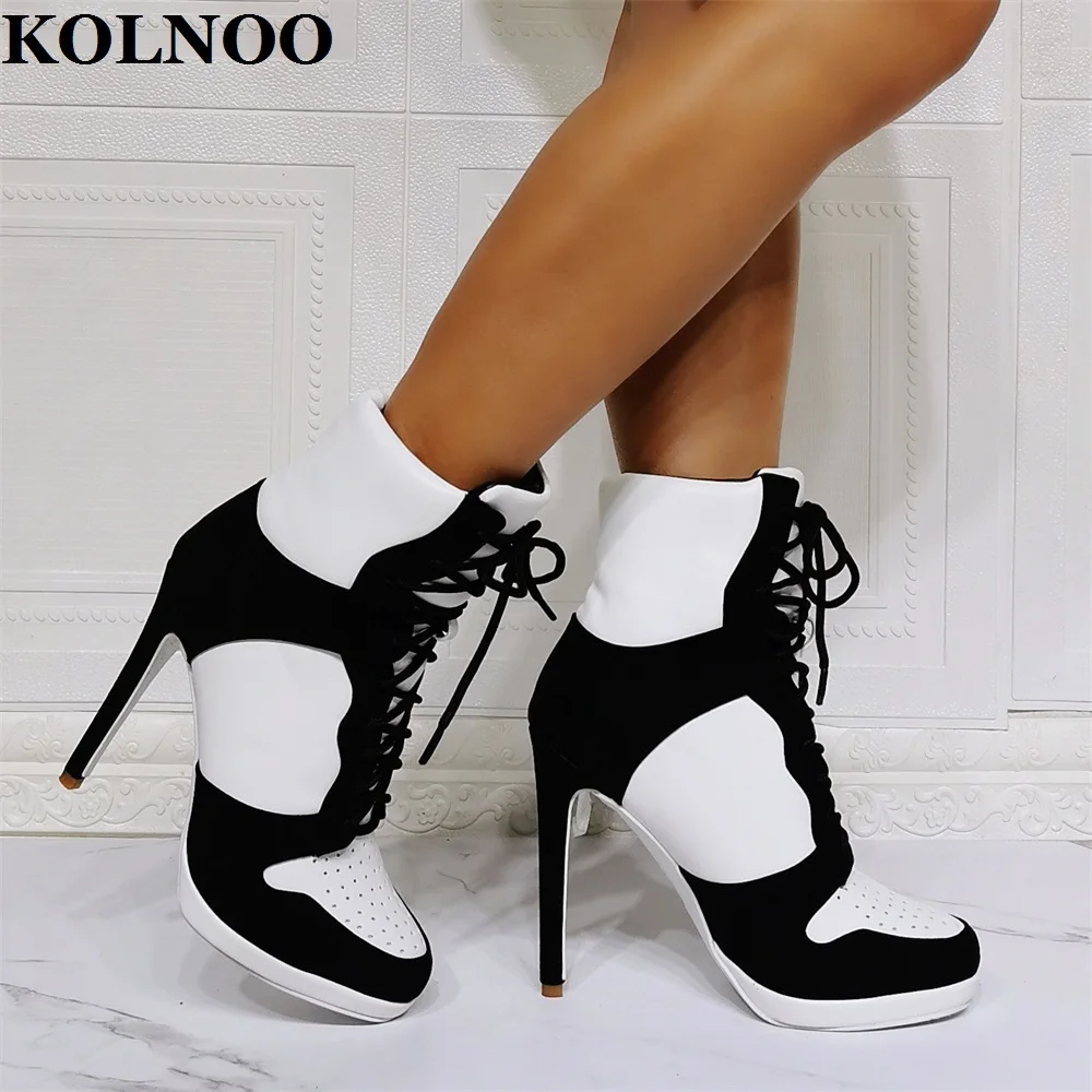 

Kolnoo New Sport Style Ladies High Heels Boots Twotones Crisscross Shoelace Real Photos Ankle Boots Daily Fashion Winter Shoes